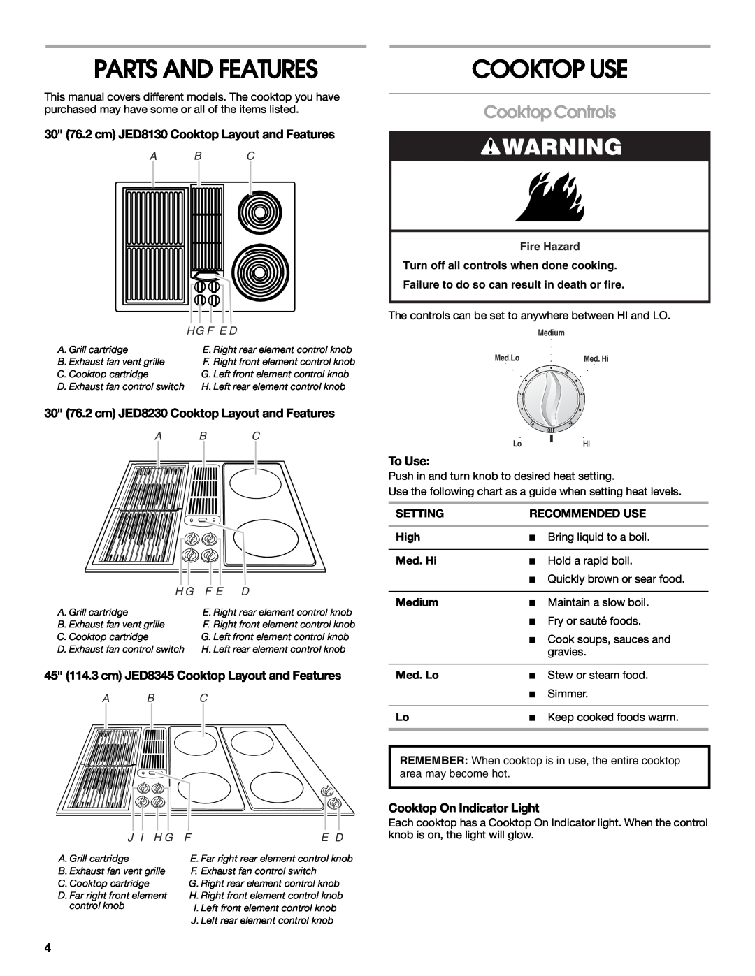 Jenn-Air W10298938A Parts And Features, Cooktop Use, Cooktop Controls, 30 76.2 cm JED8130 Cooktop Layout and Features 