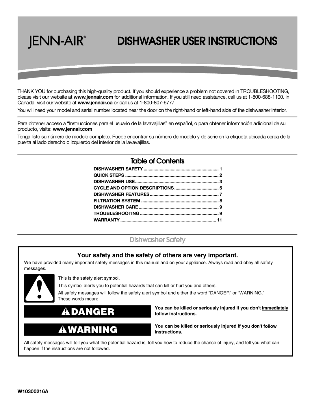 Jenn-Air W10300216A warranty Dishwasher User Instructions 