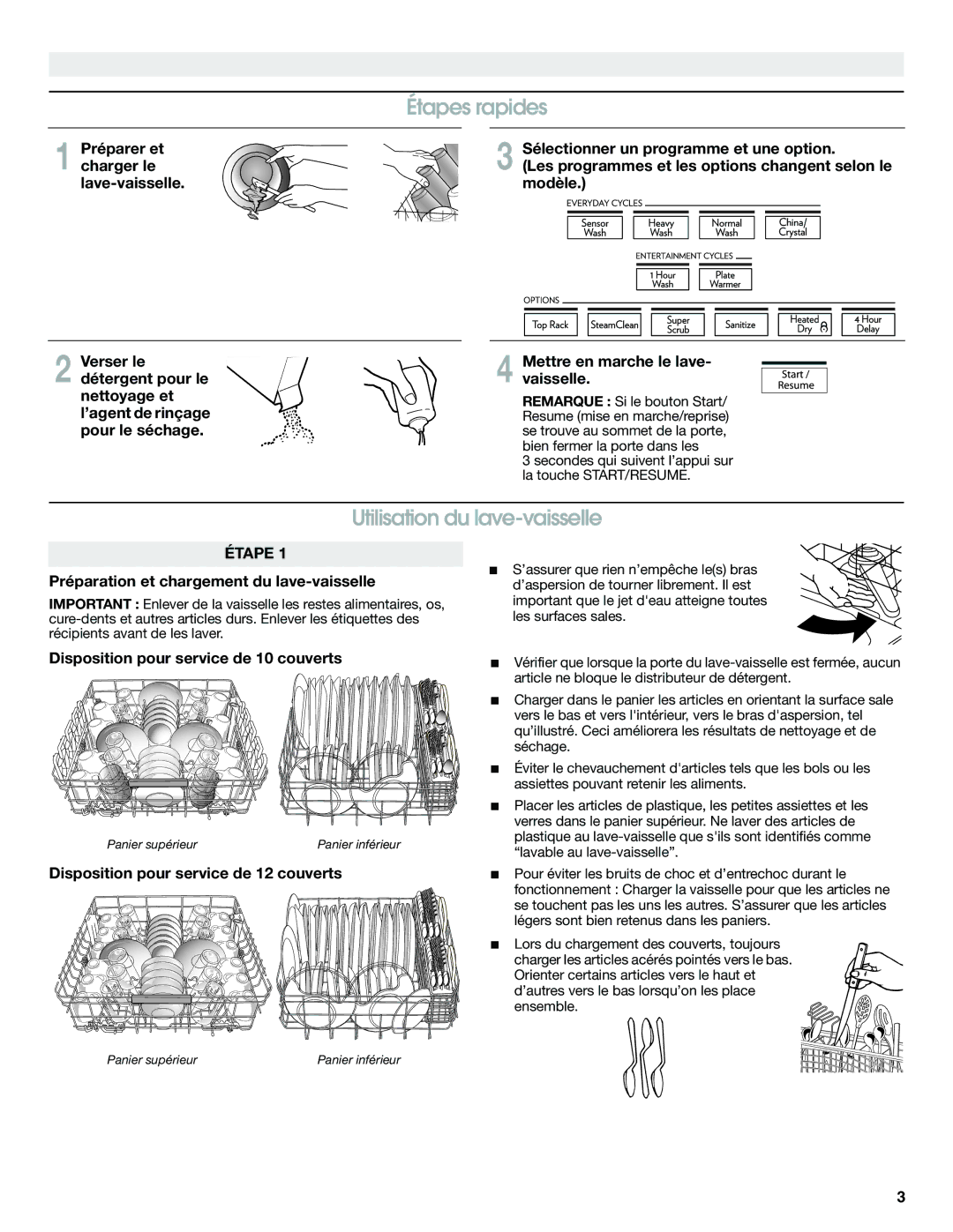 Jenn-Air W10300216A warranty Étapes rapides, Utilisation du lave-vaisselle 