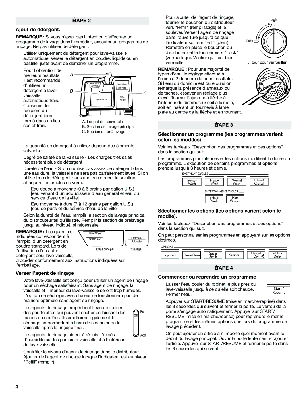 Jenn-Air W10300216A warranty Ajout de détergent, Verser l’agent de rinçage, Commencer ou reprendre un programme 