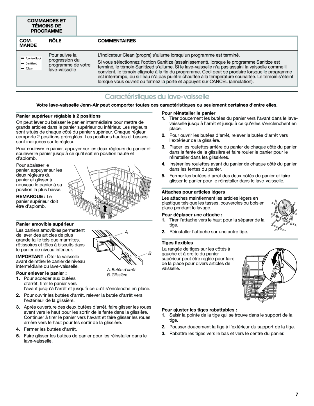 Jenn-Air W10300216A warranty Caractéristiques du lave-vaisselle 