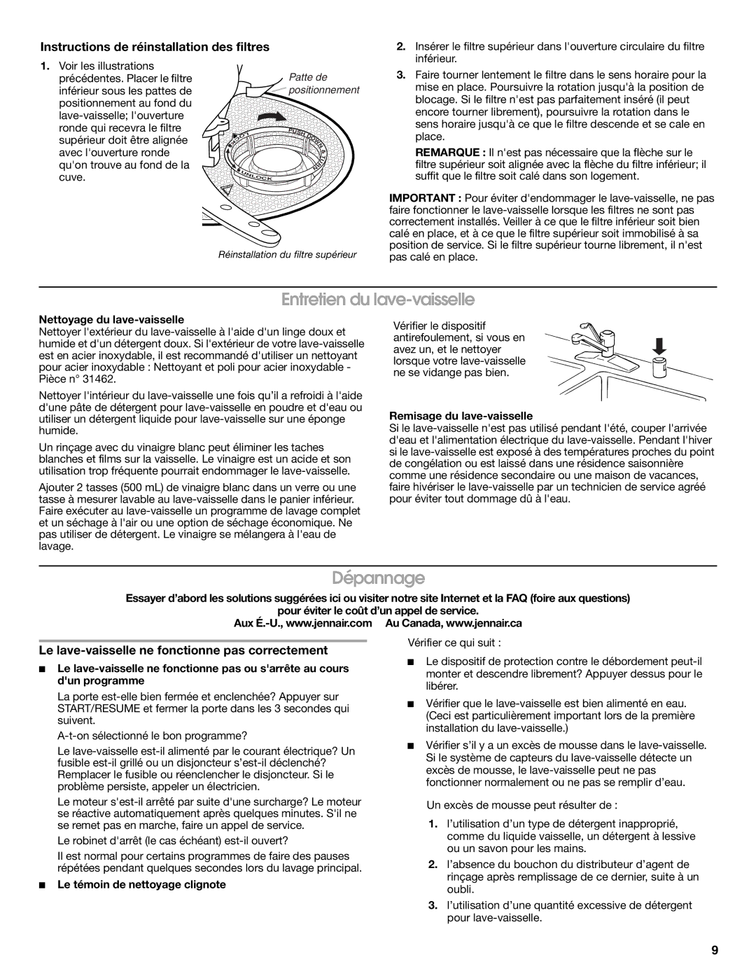 Jenn-Air W10300216A warranty Entretien du lave-vaisselle, Dépannage, Instructions de réinstallation des filtres 