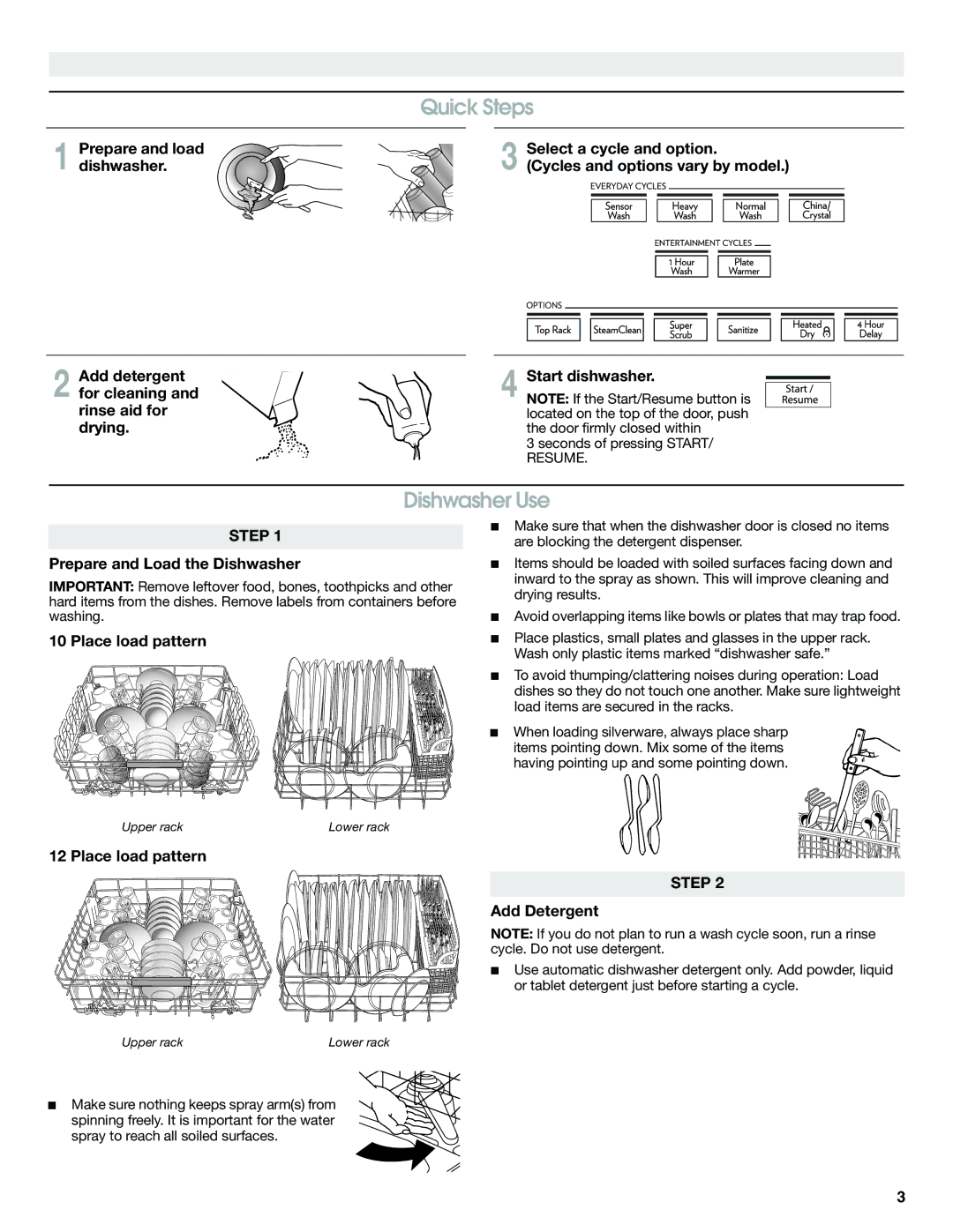 Jenn-Air W10300216A warranty Quick Steps, Dishwasher Use 