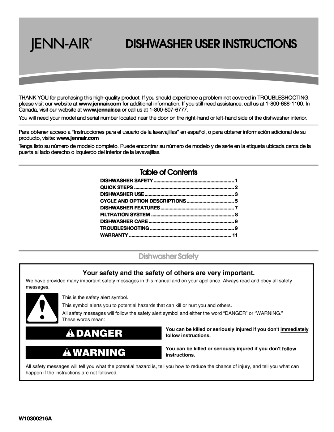 Jenn-Air W10300216A warranty Danger, Table of Contents, Dishwasher Safety, Dishwasher User Instructions 