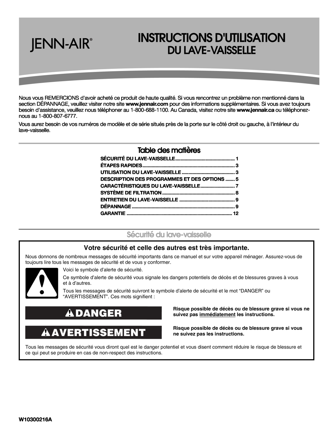 Jenn-Air W10300216A Instructions Dutilisation, Danger Avertissement, Table des matières, Sécurité du lave-vaisselle 