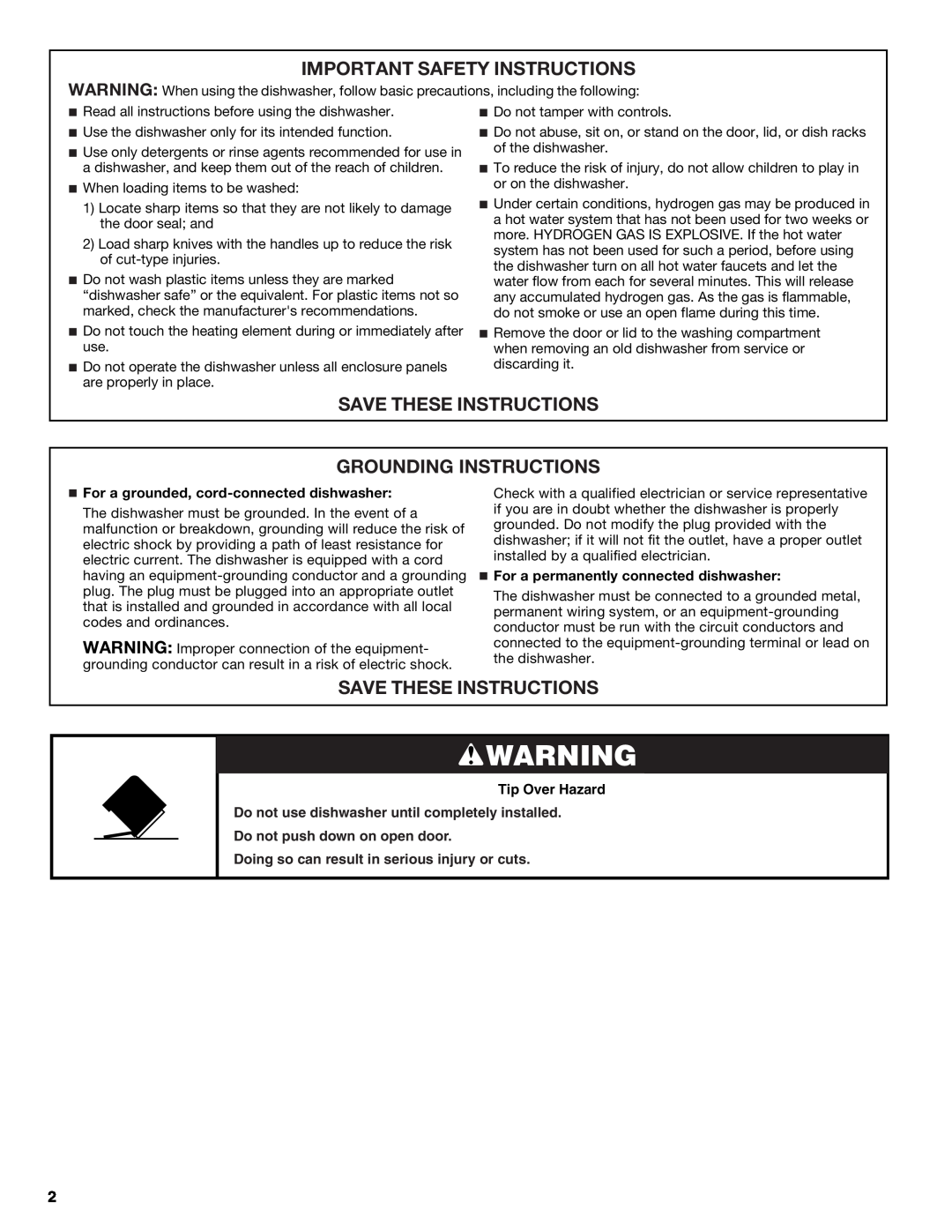 Jenn-Air W10300216A warranty Important Safety Instructions, Save These Instructions Grounding Instructions, Tip Over Hazard 