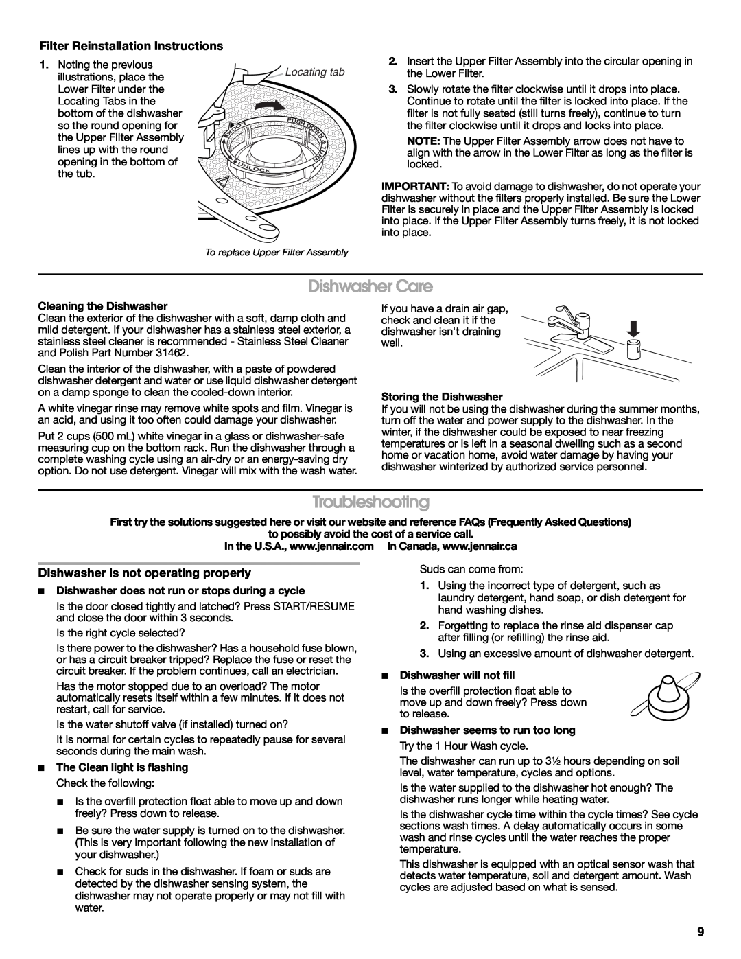 Jenn-Air W10300216A warranty Dishwasher Care, Troubleshooting, Filter Reinstallation Instructions, Locating tab 