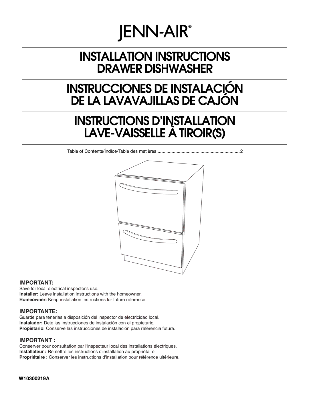 Jenn-Air W10300219A installation instructions Instructions D’INSTALLATION LAVE-VAISSELLE À Tiroirs 