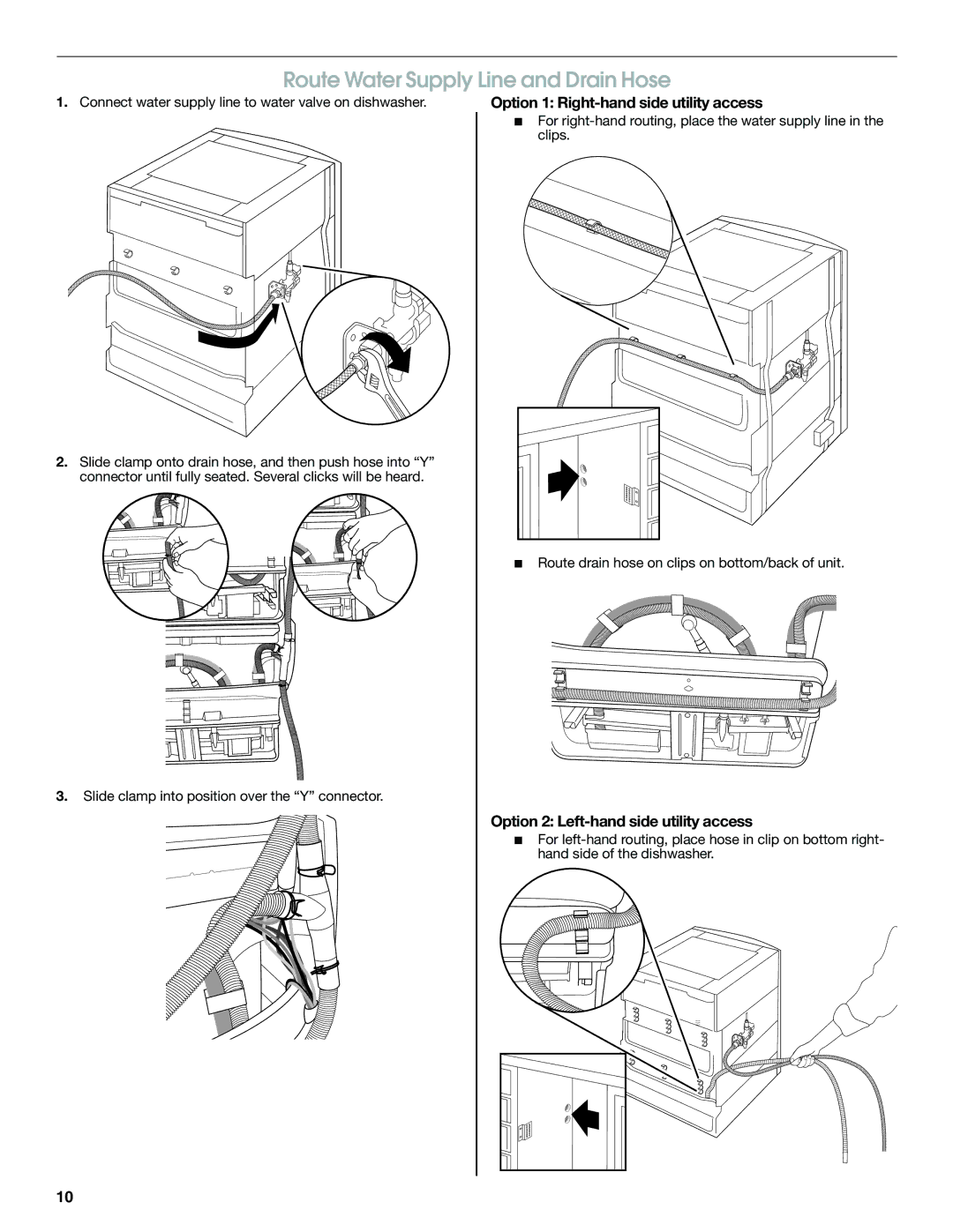 Jenn-Air W10300219A Route Water Supply Line and Drain Hose, Option 1 Right-hand side utility access 