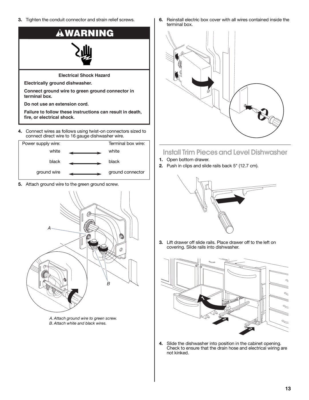 Jenn-Air W10300219A installation instructions Install Trim Pieces and Level Dishwasher 