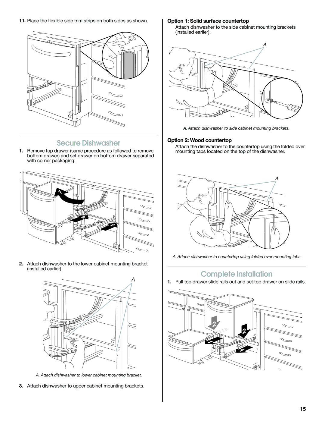 Jenn-Air W10300219A Secure Dishwasher, Complete Installation, Option 1 Solid surface countertop, Option 2 Wood countertop 