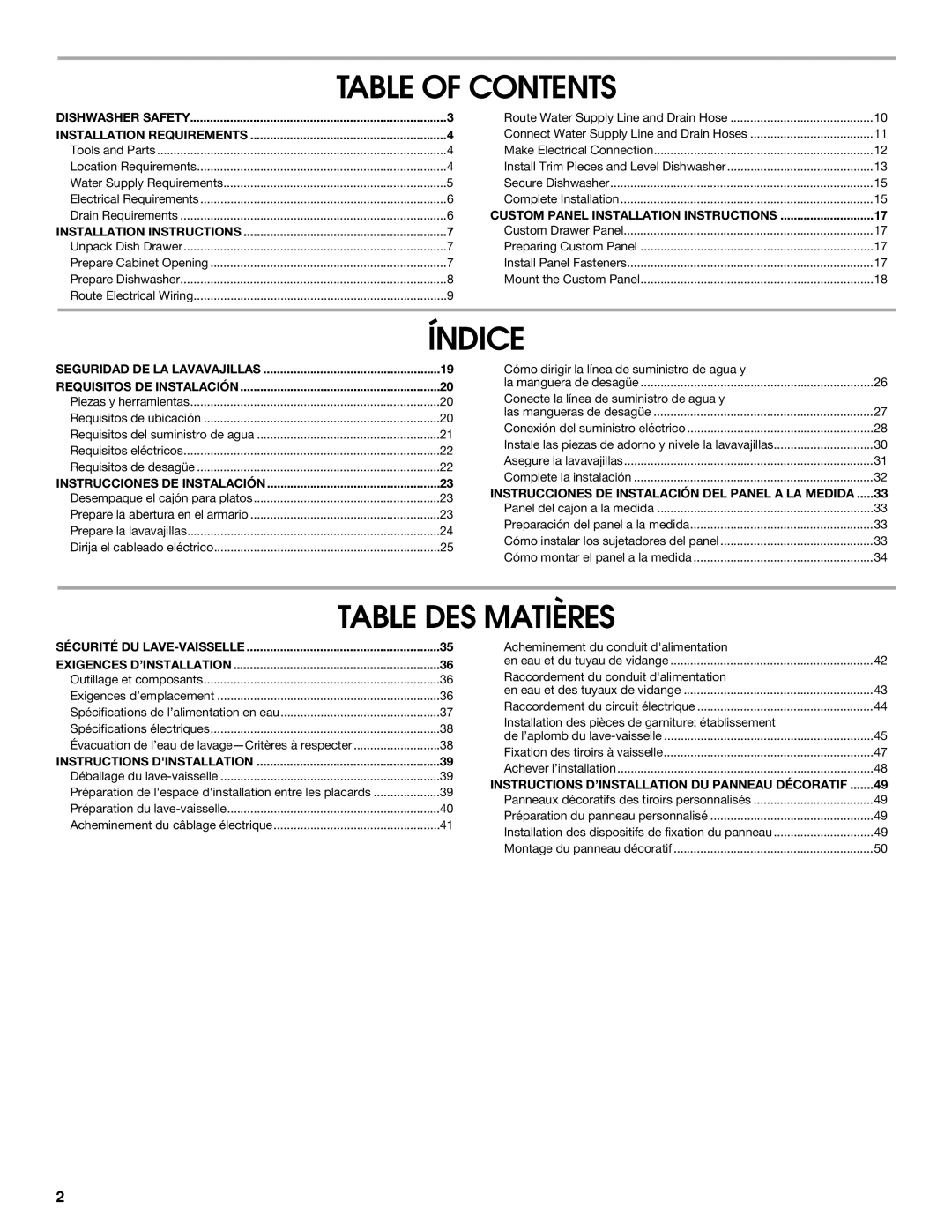 Jenn-Air W10300219A installation instructions Table of Contents, Índice, Table DES Matières 