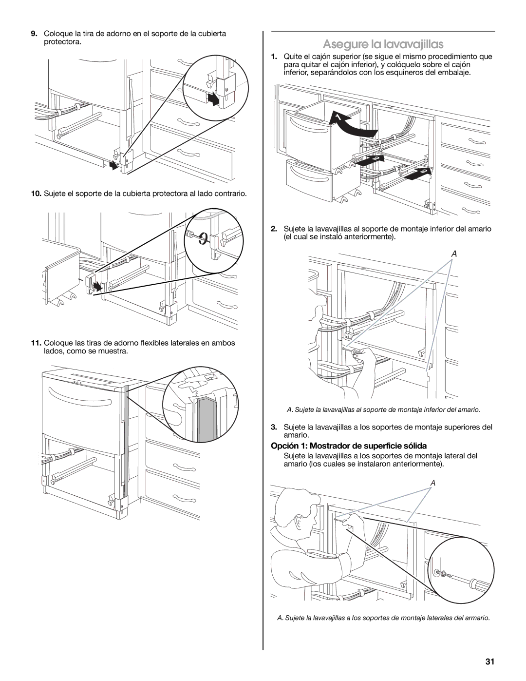 Jenn-Air W10300219A installation instructions Asegure la lavavajillas, Opción 1 Mostrador de superficie sólida 