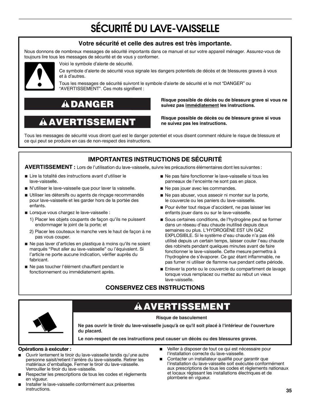 Jenn-Air W10300219A installation instructions Sécurité DU LAVE-VAISSELLE, Opérations à exécuter 