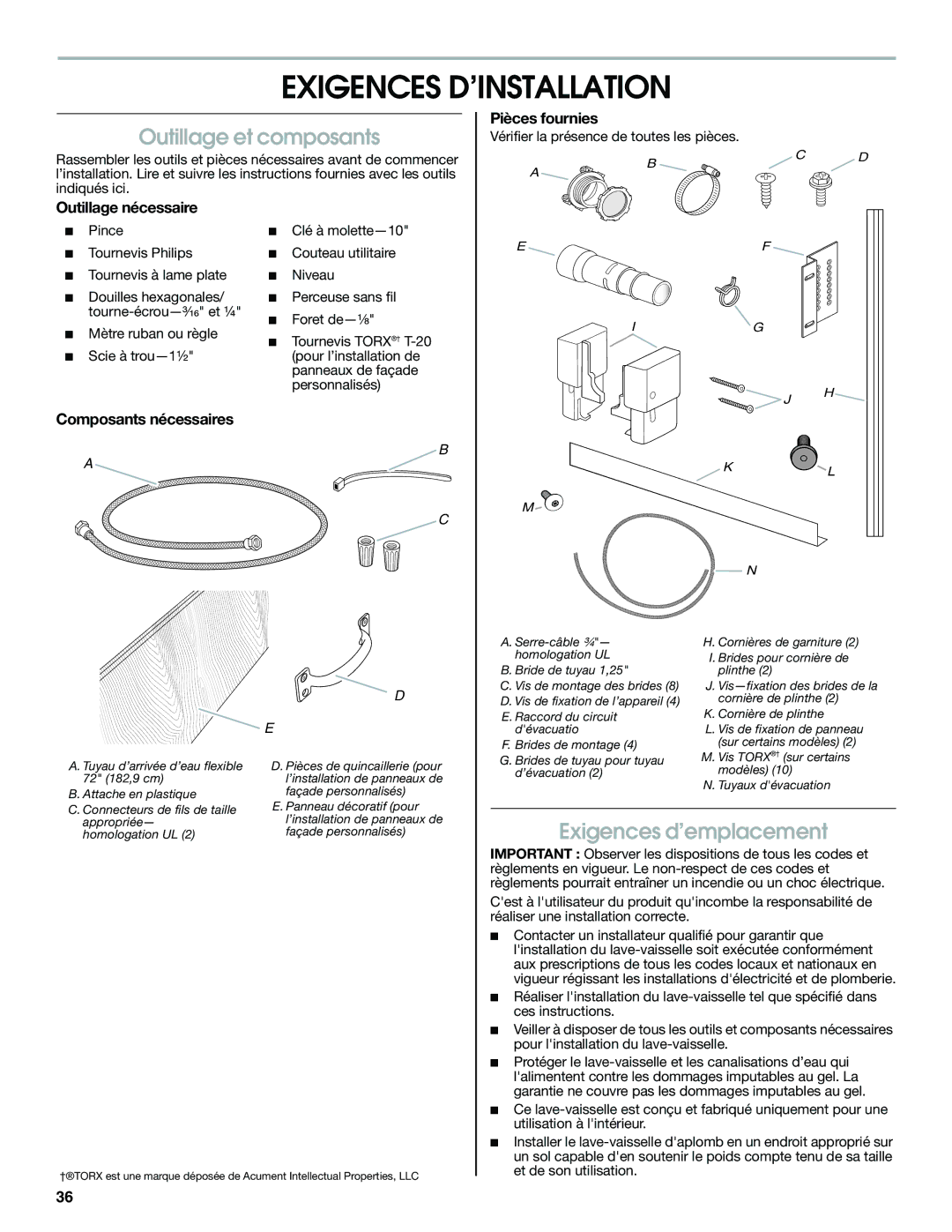 Jenn-Air W10300219A installation instructions Exigences D’INSTALLATION, Outillage et composants, Exigences d’emplacement 