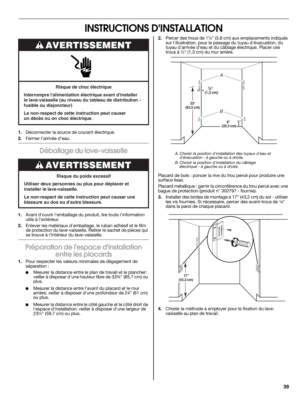 Jenn-Air W10300219A installation instructions Instructions Dinstallation, Déballage du lave-vaisselle 