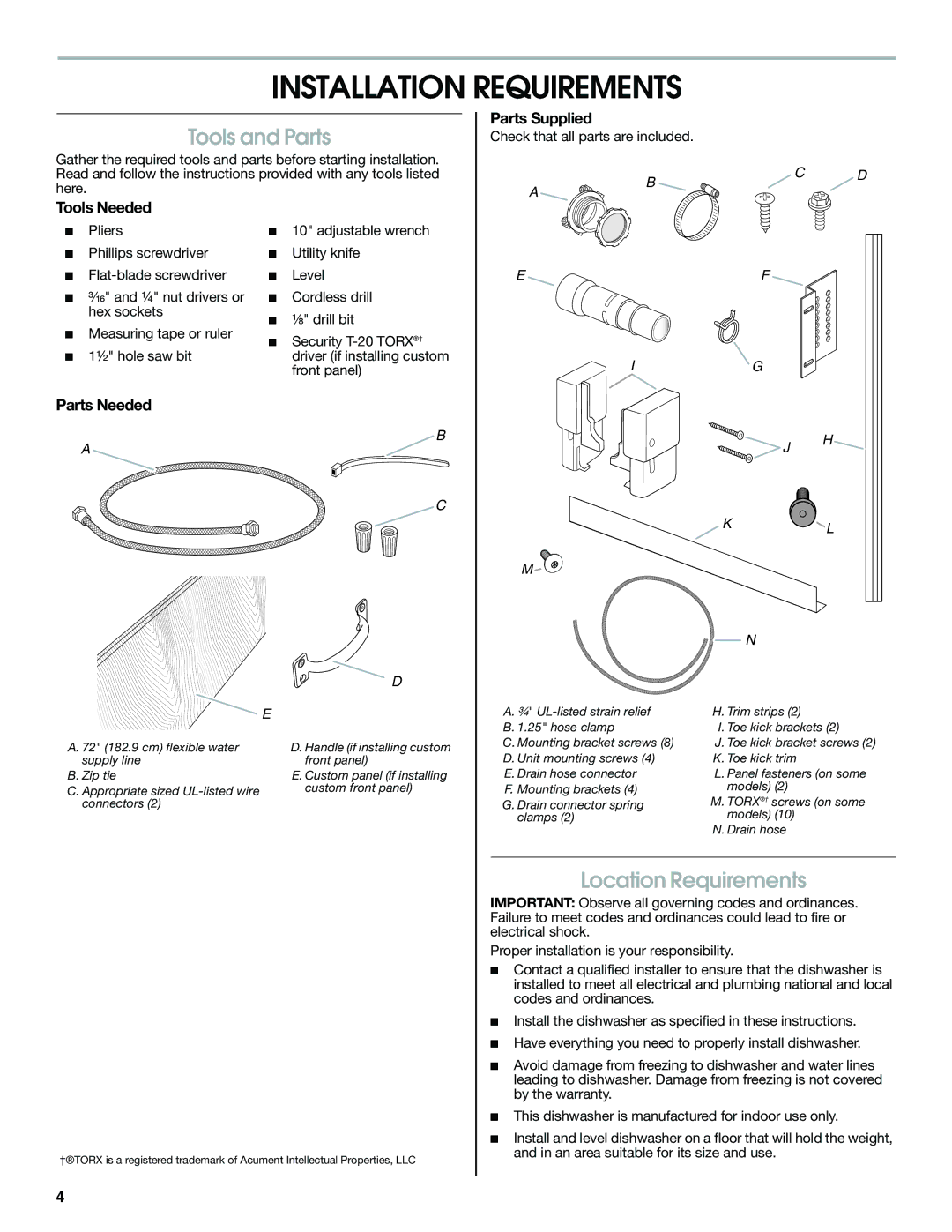 Jenn-Air W10300219A installation instructions Installation Requirements, Tools and Parts, Location Requirements 