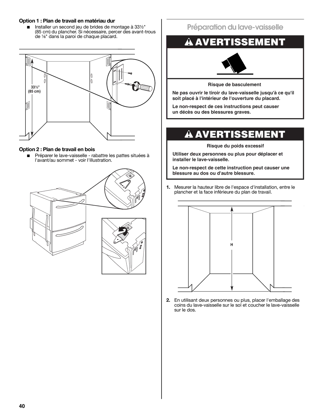 Jenn-Air W10300219A installation instructions Préparation du lave-vaisselle, Option 1 Plan de travail en matériau dur 