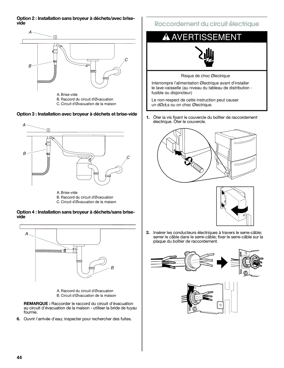 Jenn-Air W10300219A Raccordement du circuit électrique, Option 3 Installation avec broyeur à déchets et brise-vide 