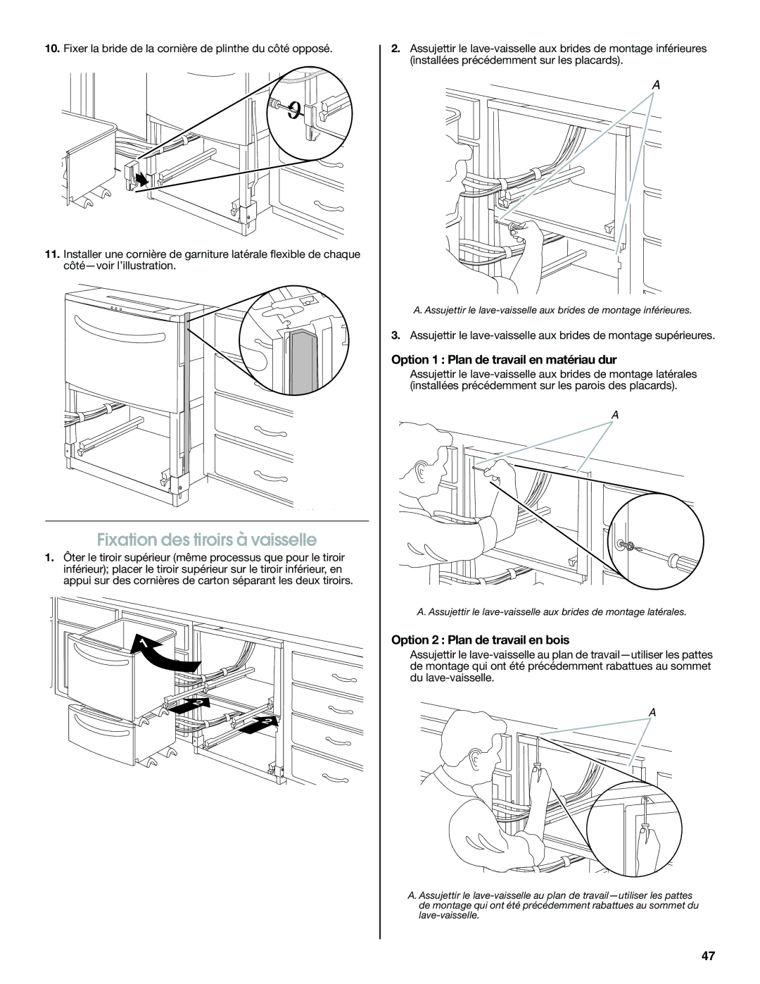 Jenn-Air W10300219A installation instructions Fixation des tiroirs à vaisselle, Option 1 Plan de travail en matériau dur 