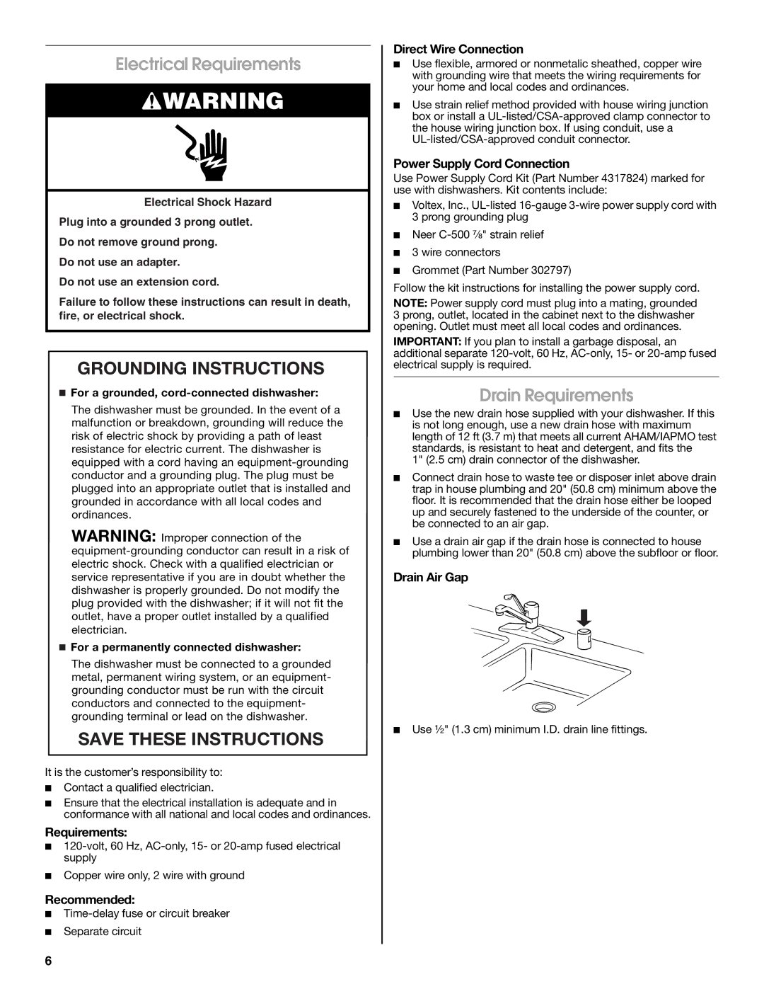 Jenn-Air W10300219A installation instructions Electrical Requirements, Drain Requirements 