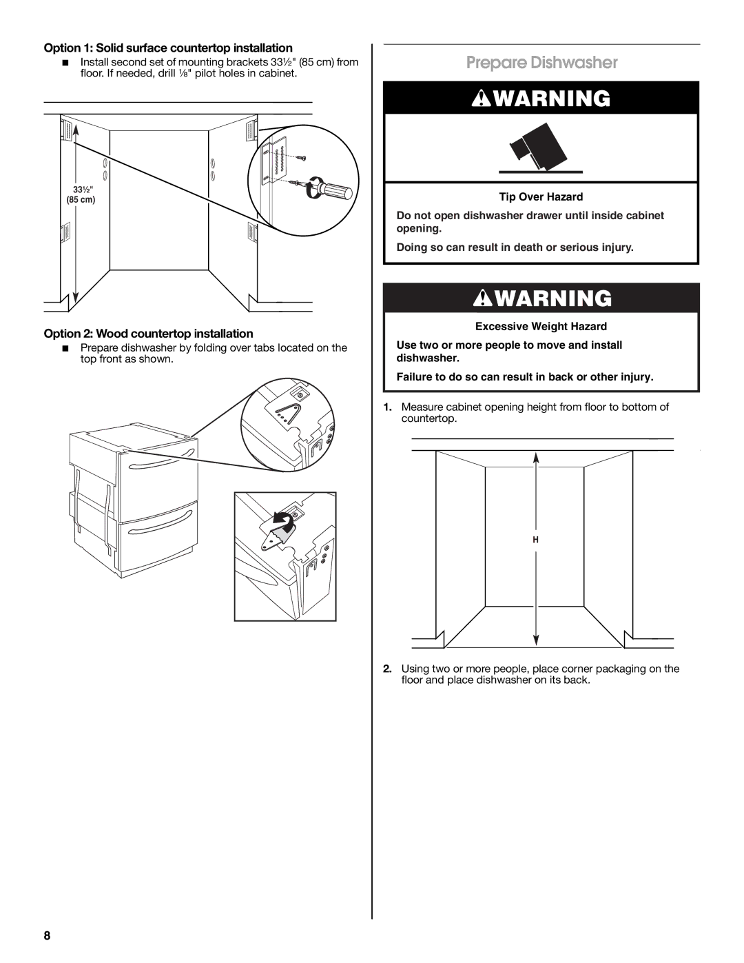 Jenn-Air W10300219A installation instructions Prepare Dishwasher, Option 1 Solid surface countertop installation 