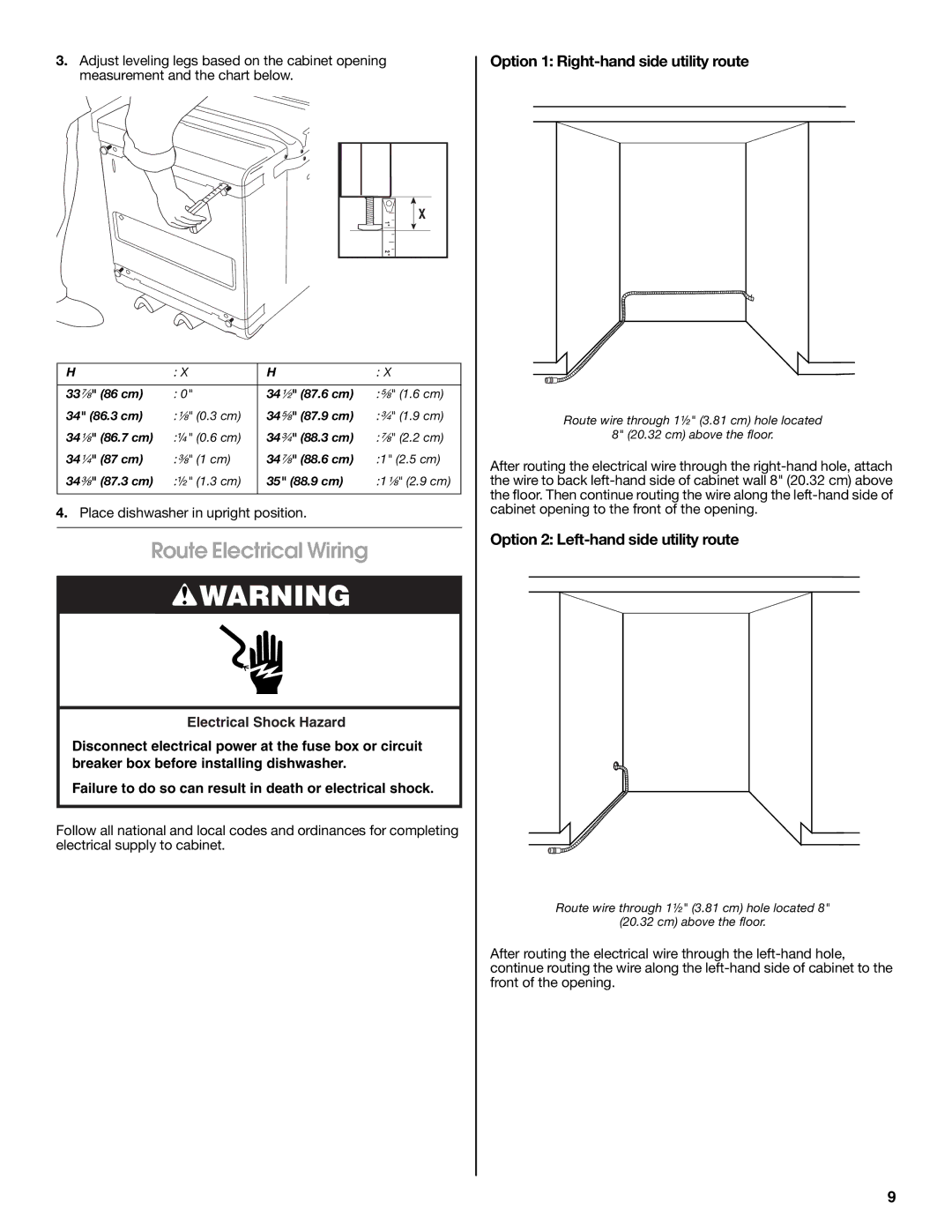 Jenn-Air W10300219A Route Electrical Wiring, Option 1 Right-hand side utility route, Option 2 Left-hand side utility route 