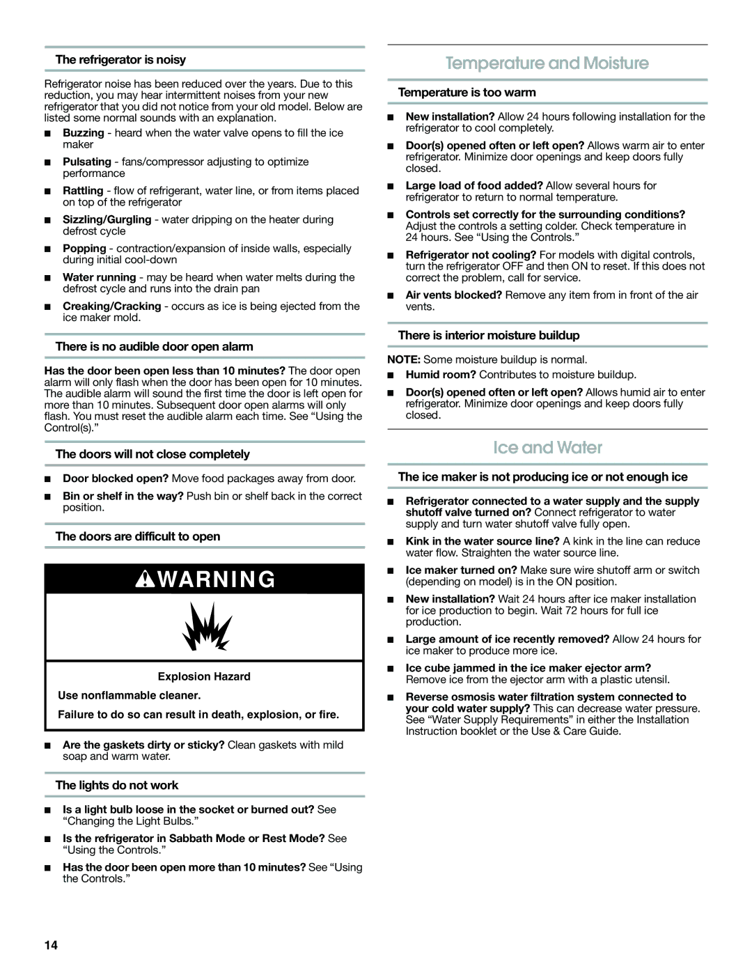 Jenn-Air W10303988A manual Temperature and Moisture, Ice and Water 