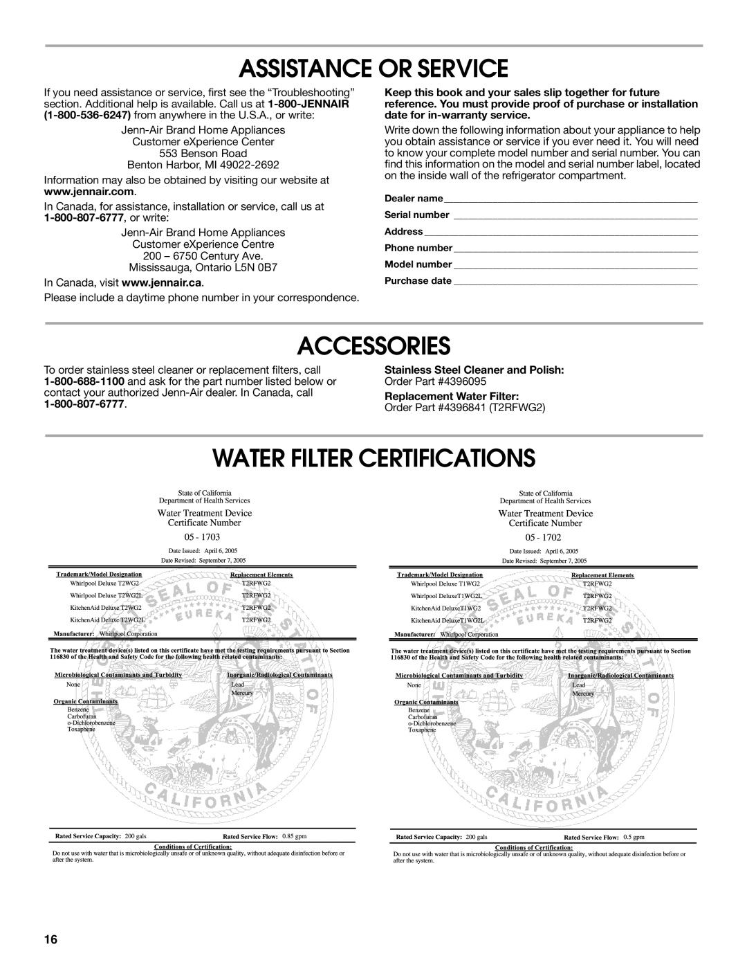 Jenn-Air W10303988A Assistance or Service, Accessories, Water Filter Certifications, Stainless Steel Cleaner and Polish 