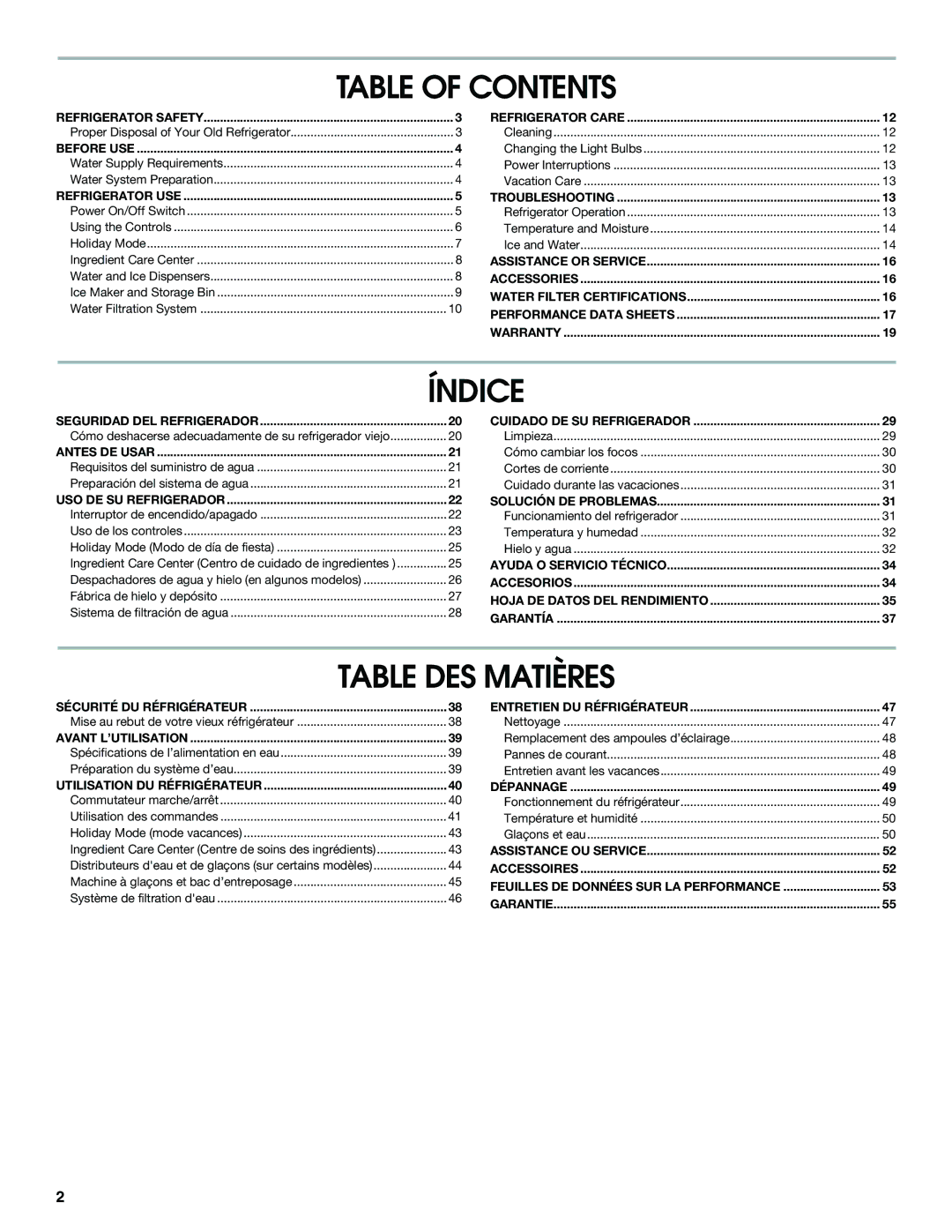 Jenn-Air W10303988A manual Table of Contents, Índice, Table DES Matières 