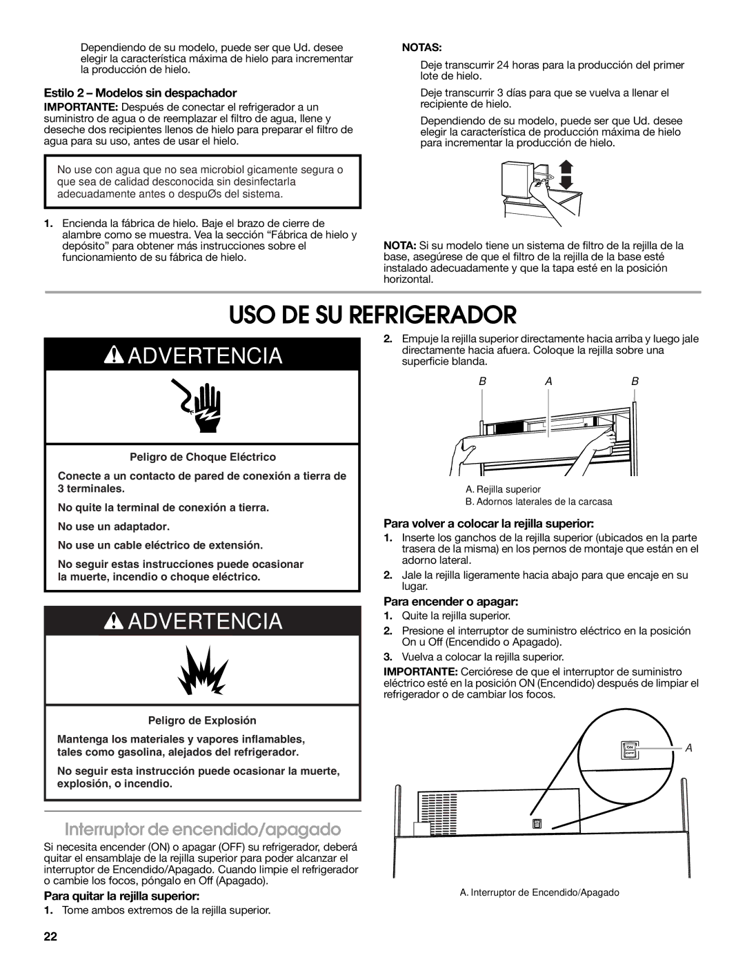 Jenn-Air W10303988A manual USO DE SU Refrigerador, Interruptor de encendido/apagado 