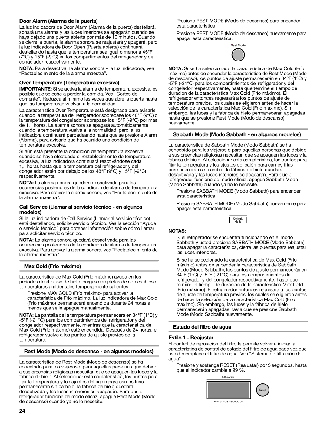 Jenn-Air W10303988A manual Door Alarm Alarma de la puerta, Over Temperature Temperatura excesiva, Max Cold Frío máximo 