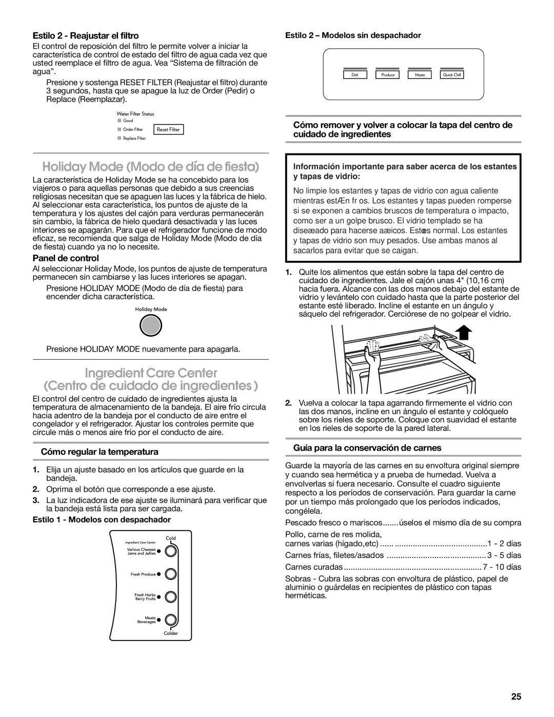 Jenn-Air W10303988A manual Holiday Mode Modo de día de fiesta, Ingredient Care Center Centro de cuidado de ingredientes 