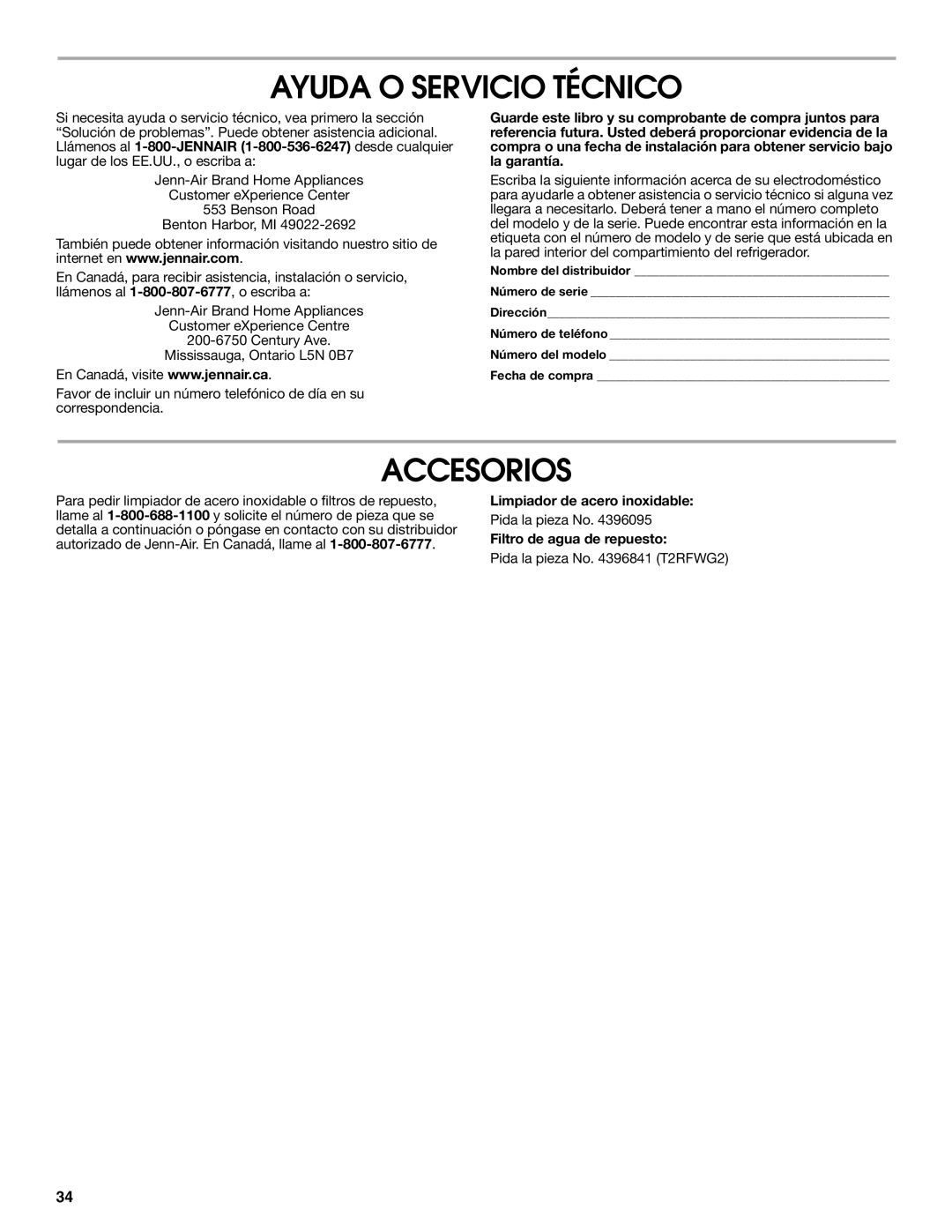 Jenn-Air W10303988A manual Ayuda O Servicio Técnico, Accesorios, Limpiador de acero inoxidable, Filtro de agua de repuesto 