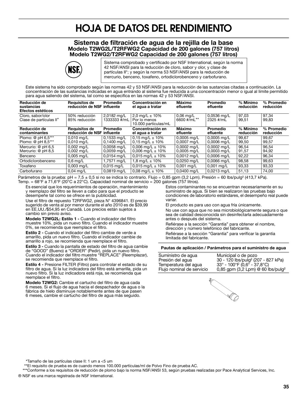 Jenn-Air W10303988A manual Hoja DE Datos DEL Rendimiento, Sistema de filtración de agua de la rejilla de la base 