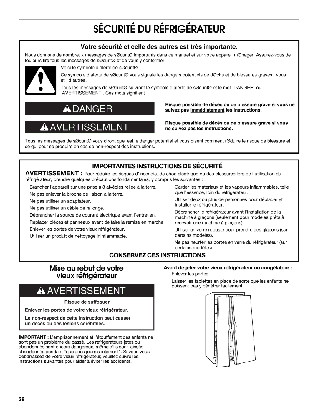 Jenn-Air W10303988A manual Sécurité DU Réfrigérateur, Avant de jeter votre vieux réfrigérateur ou congélateur 