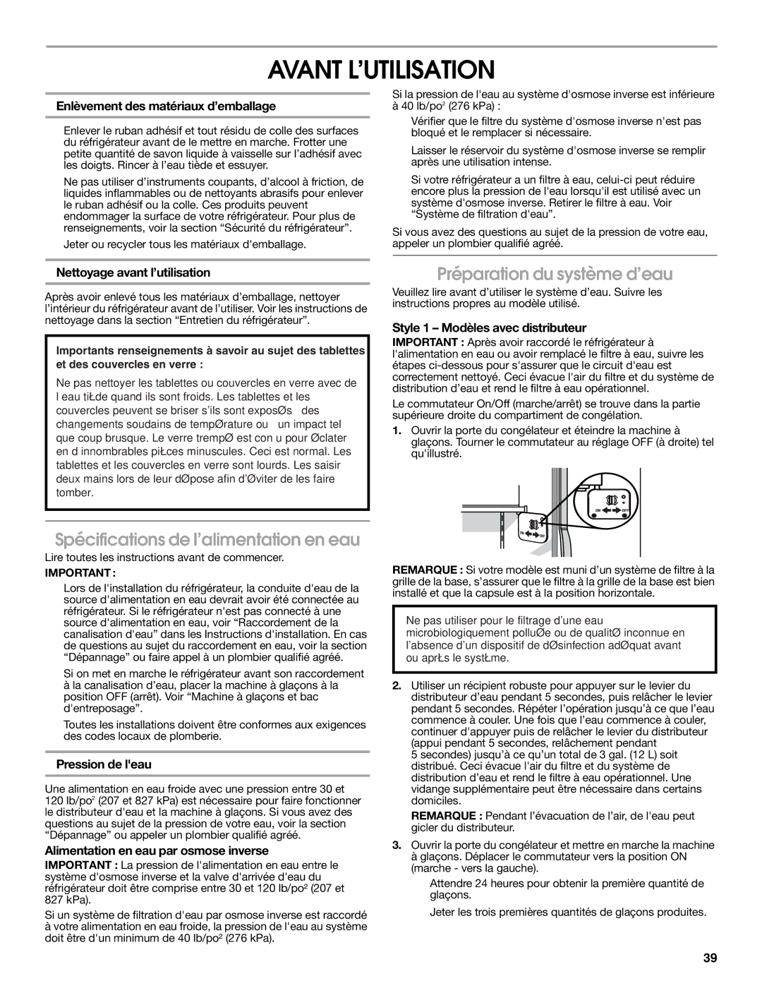 Jenn-Air W10303988A manual Avant L’UTILISATION, Spécifications de l’alimentation en eau, Préparation du système d’eau 