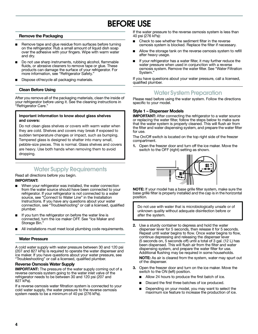 Jenn-Air W10303988A manual Before USE, Water Supply Requirements, Water System Preparation 