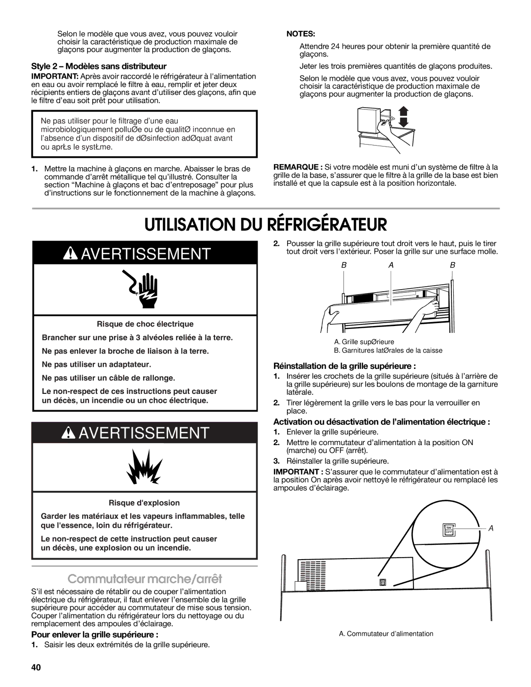 Jenn-Air W10303988A manual Utilisation DU Réfrigérateur, Commutateur marche/arrêt 