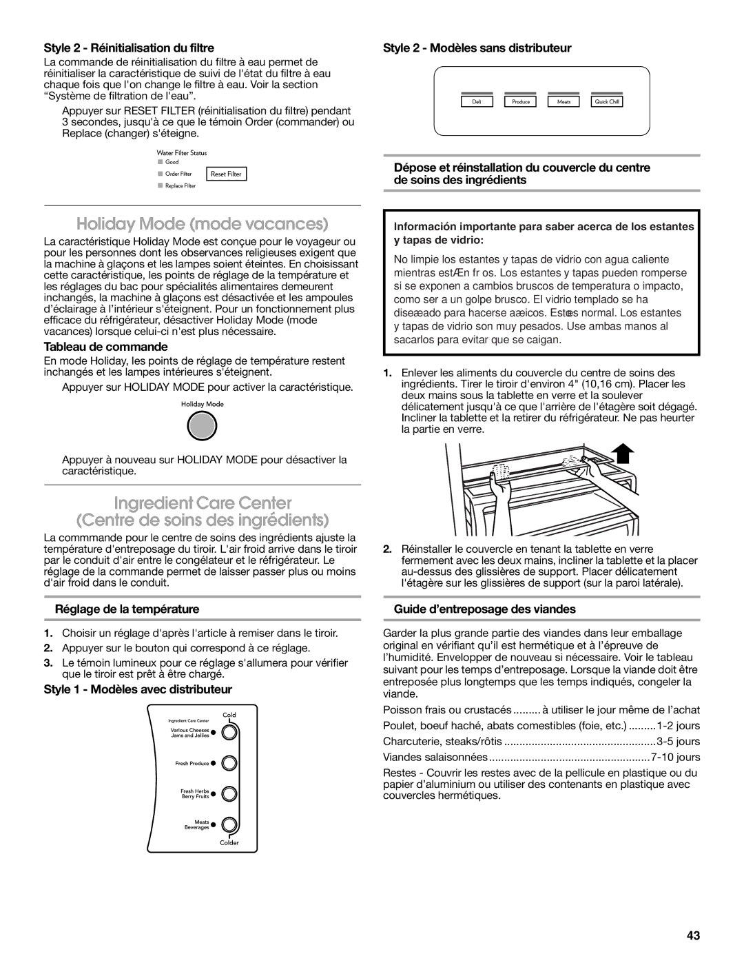 Jenn-Air W10303988A manual Holiday Mode mode vacances, Ingredient Care Center Centre de soins des ingrédients 