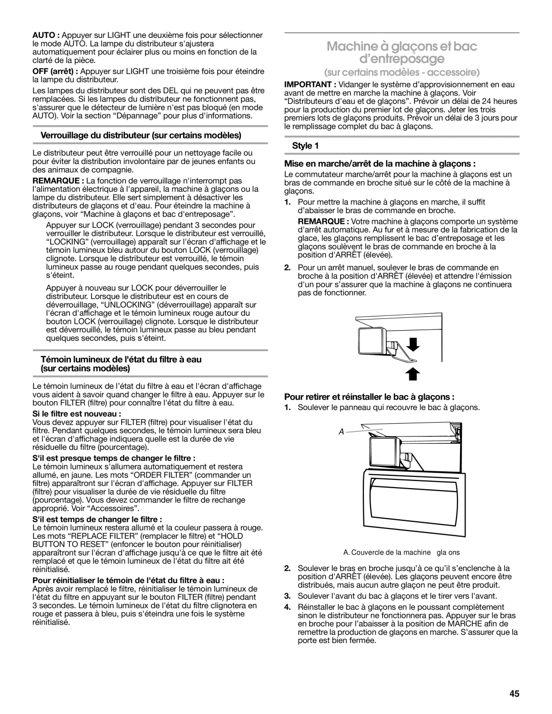 Jenn-Air W10303988A manual Machine à glaçons et bac ’entreposage, Verrouillage du distributeur sur certains modèles 