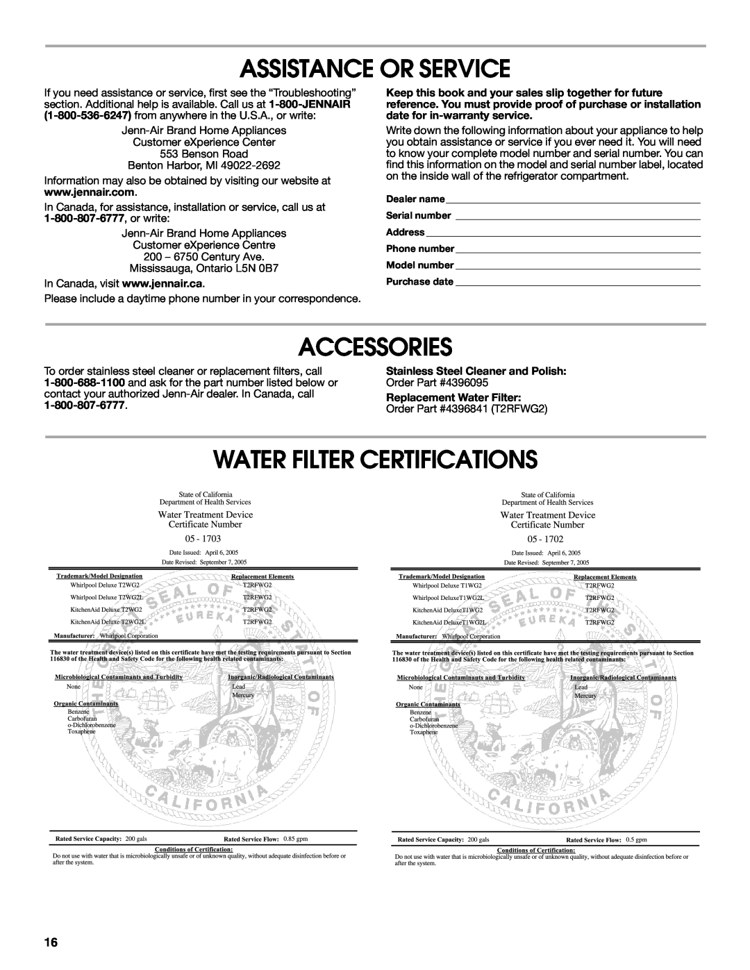 Jenn-Air W10303988A Assistance Or Service, Accessories, Water Filter Certifications, Stainless Steel Cleaner and Polish 