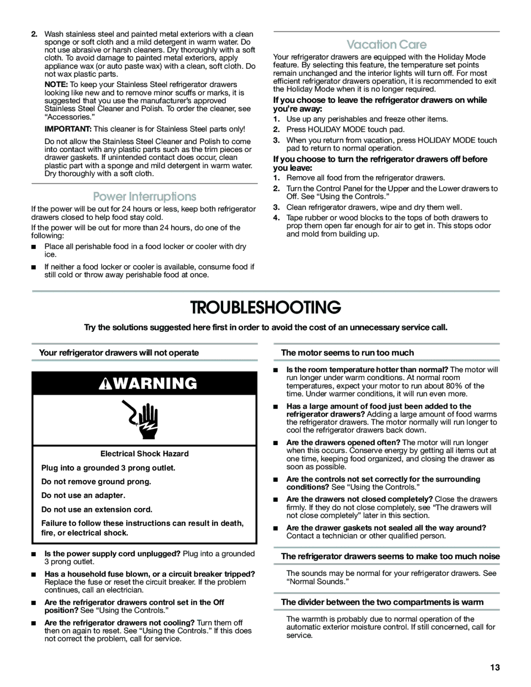 Jenn-Air W10310149A manual Troubleshooting, Power Interruptions, Vacation Care 