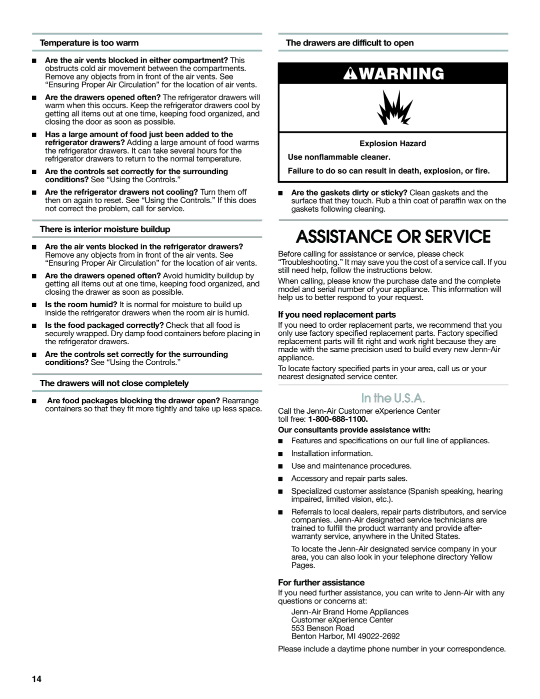 Jenn-Air W10310149A manual Assistance or Service, U.S.A 