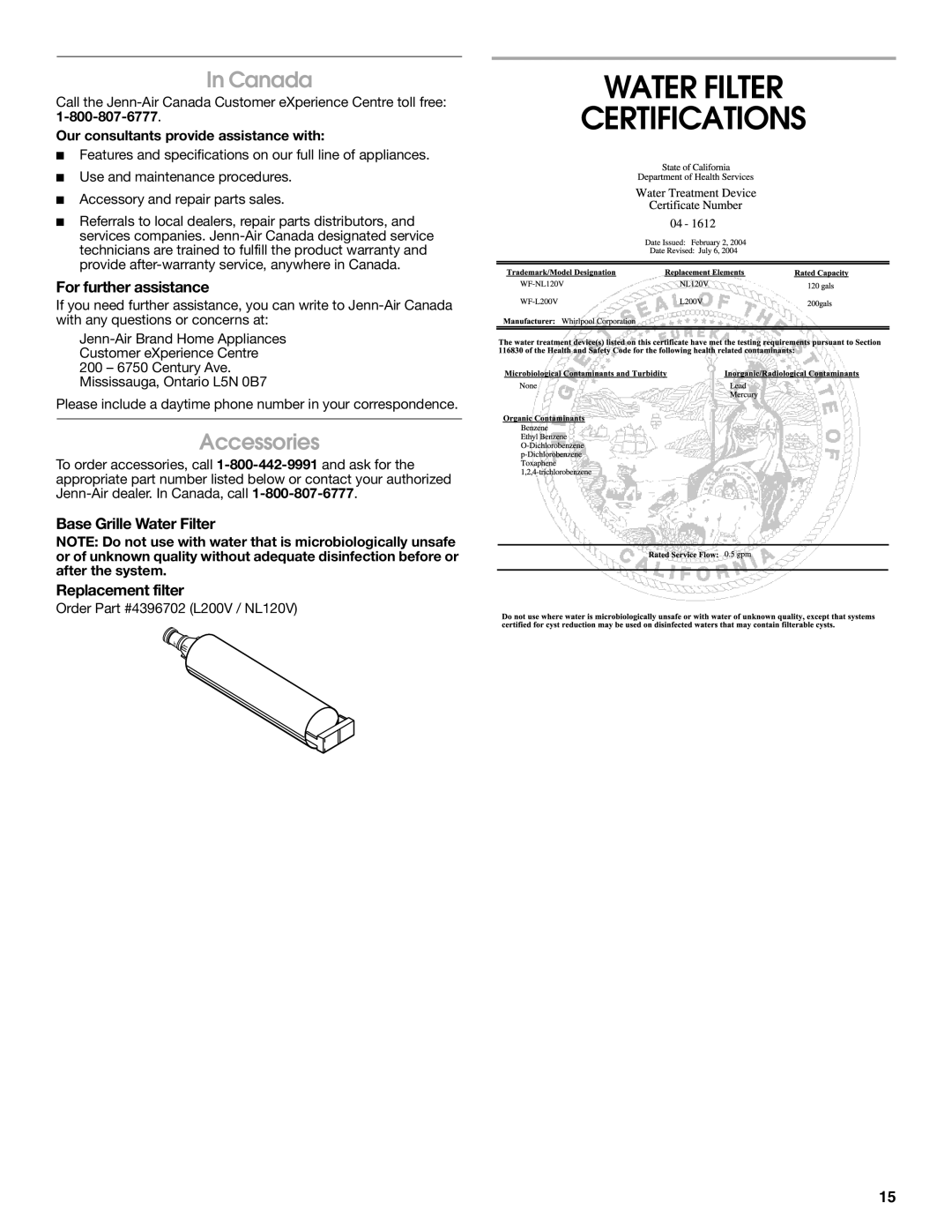 Jenn-Air W10310149A manual Water Filter Certifications, Canada, Accessories, Base Grille Water Filter Replacement filter 