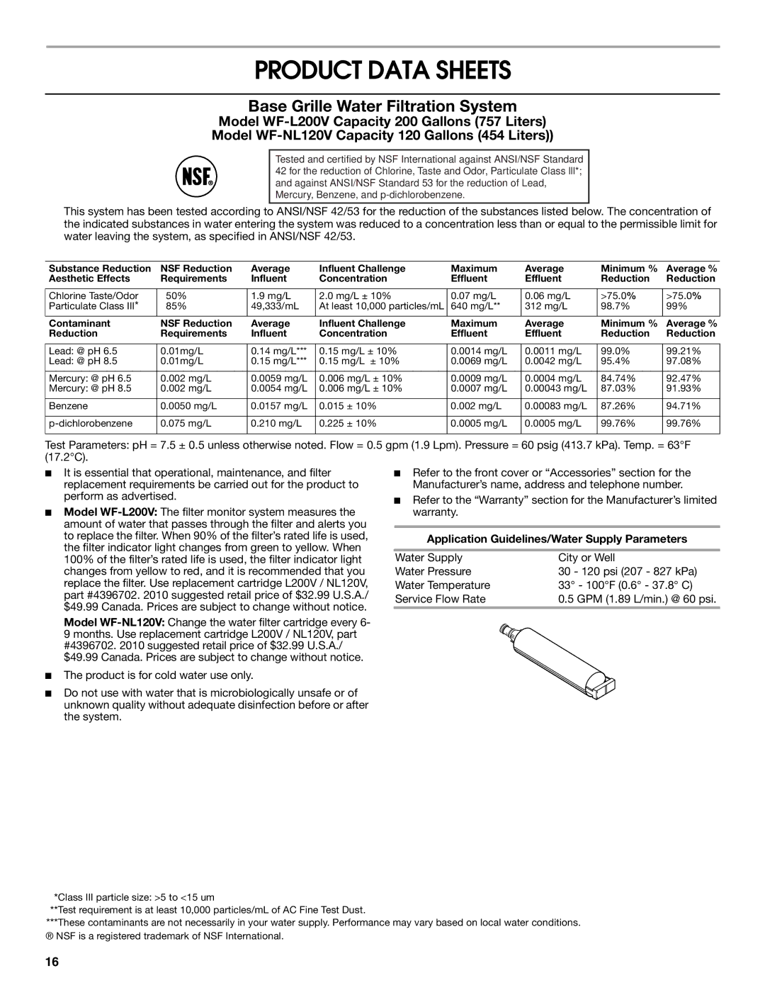 Jenn-Air W10310149A manual Product Data Sheets, Application Guidelines/Water Supply Parameters 