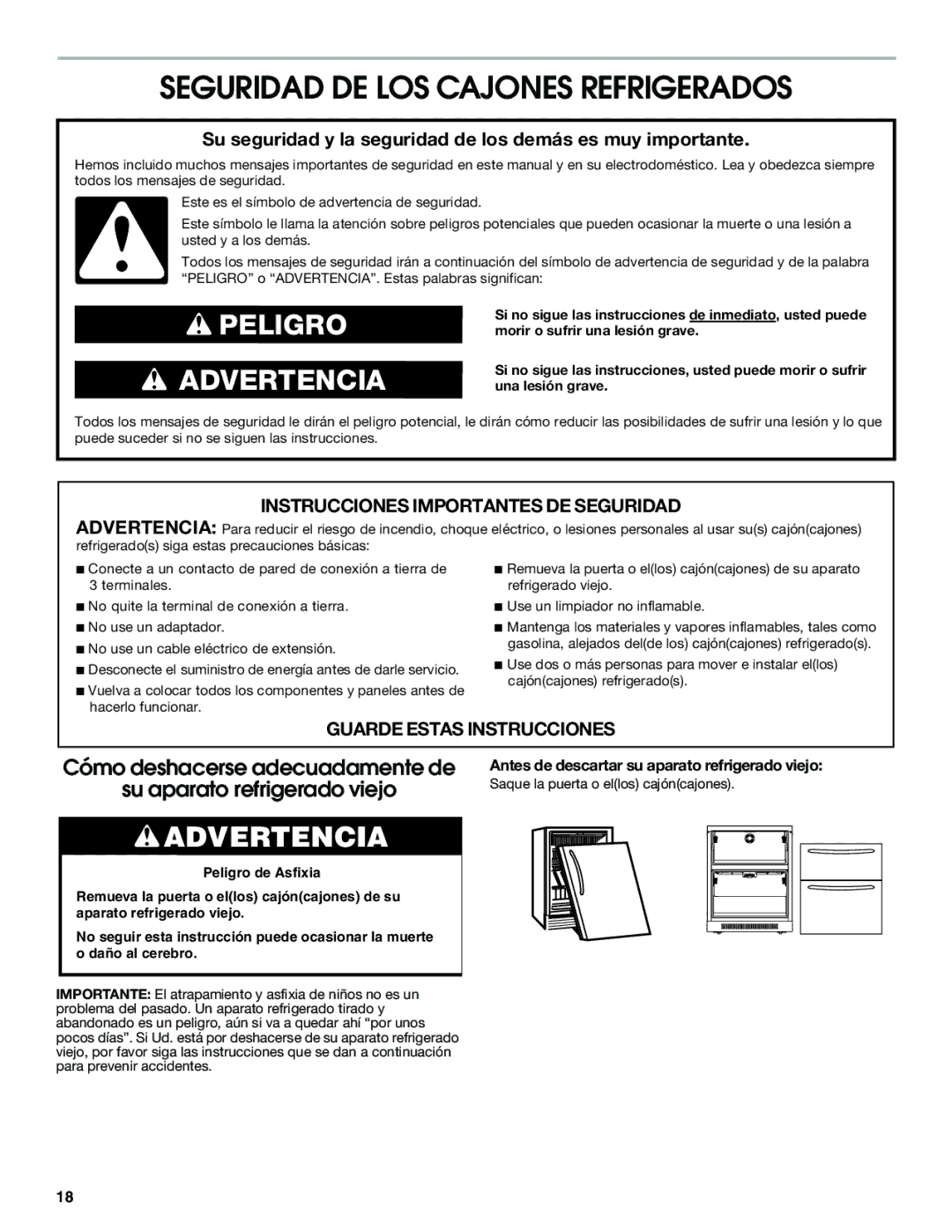 Jenn-Air W10310149A manual Seguridad DE LOS Cajones Refrigerados, Antes de descartar su aparato refrigerado viejo 