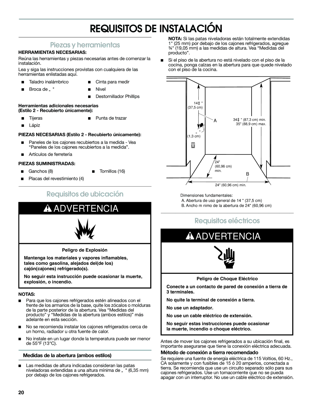 Jenn-Air W10310149A manual Requisitos DE Instalación, Piezas y herramientas, Requisitos de ubicación, Requisitos eléctricos 