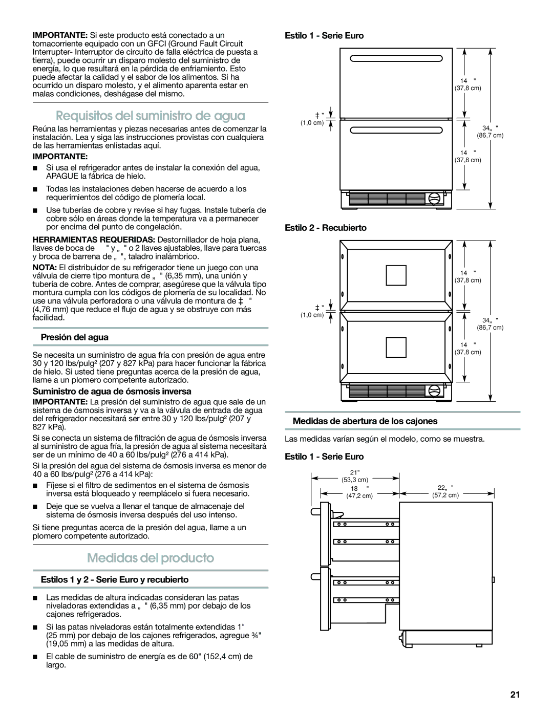 Jenn-Air W10310149A manual Requisitos del suministro de agua, Medidas del producto 