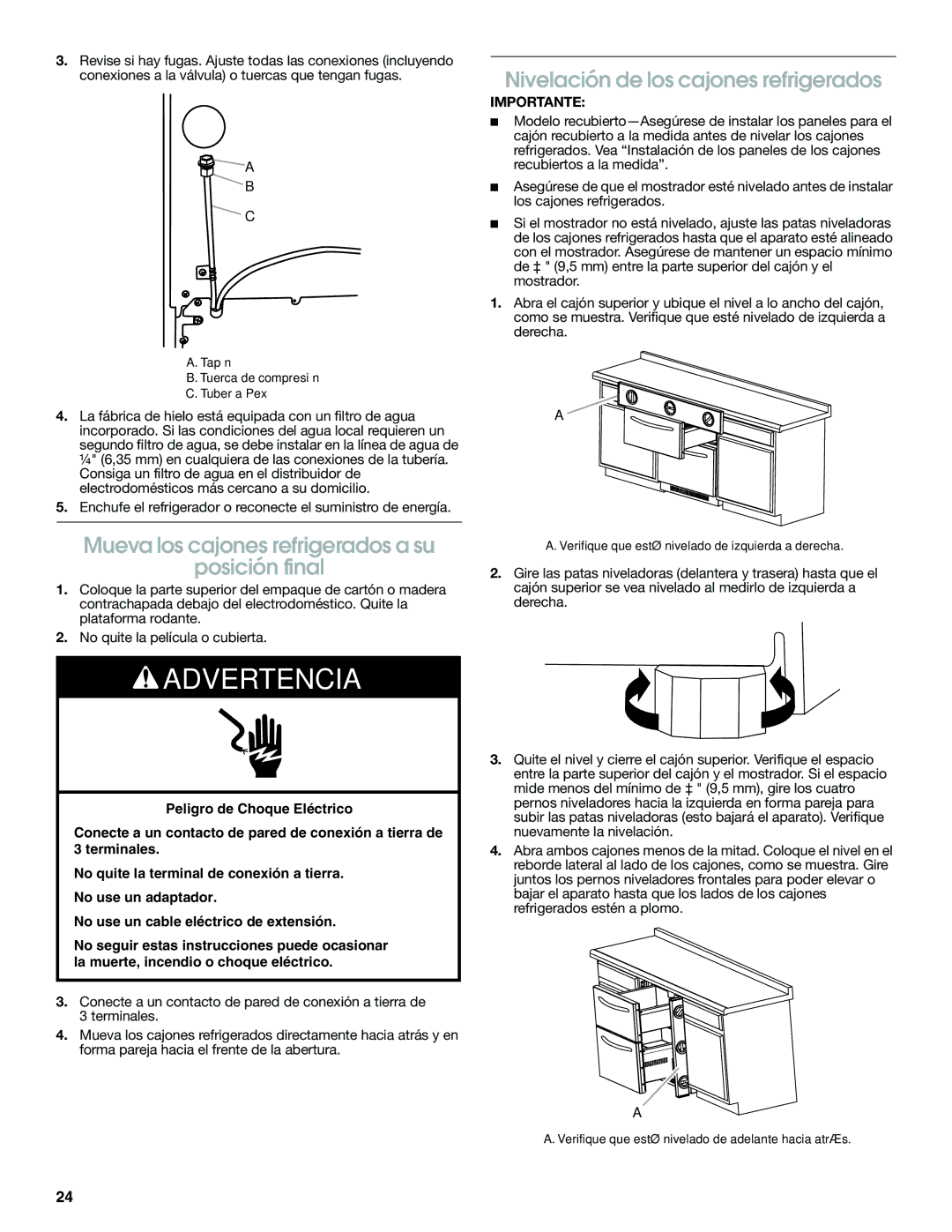 Jenn-Air W10310149A manual Mueva los cajones refrigerados a su Posición final, Nivelación de los cajones refrigerados 